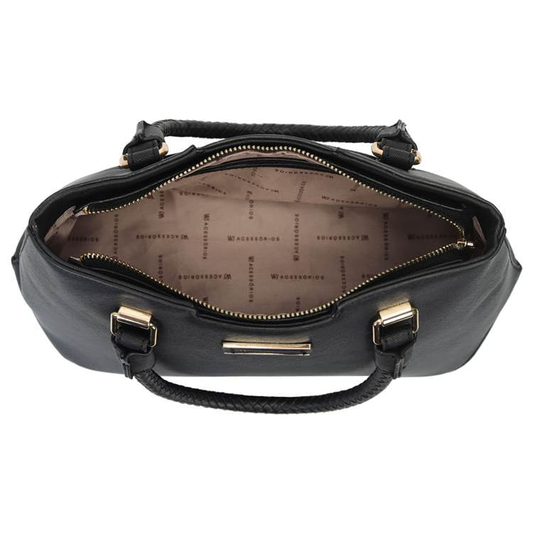 Vista superior da bolsa feminina preta WJ aberta mostrando o interior espaçoso